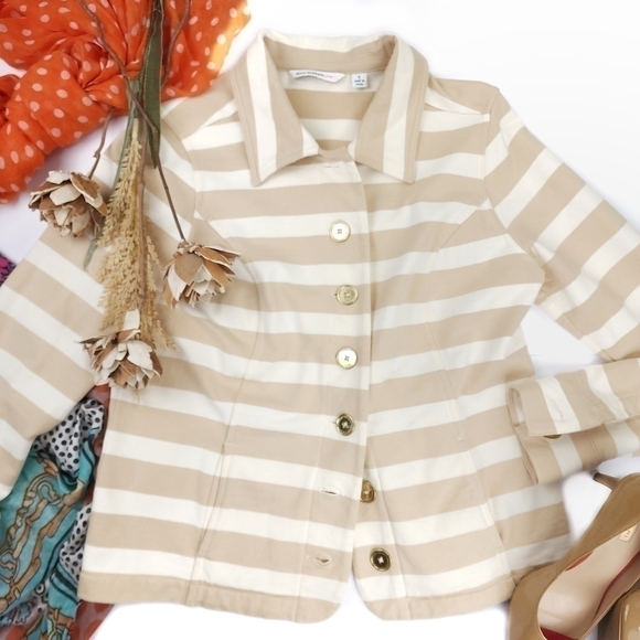 Isaac Mizrahi Cream Tan Stripe Cotton Sweater Blazer Sz S - Picture 1 of 14